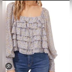 ASTR The Label Lavender and Pale Blue Floral Ruffle Long Sleeve Top